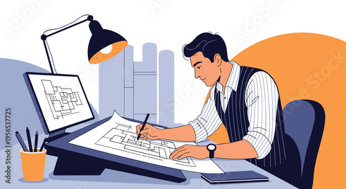 Professional architect working at a drafting table with a blueprint, computer monitor, and desk lamp in a stylish modern workspace.