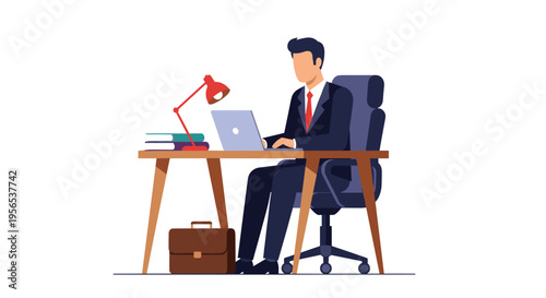 Businessman in a formal suit sitting at his desk working on a laptop computer with a briefcase and books in a minimalist flat style.