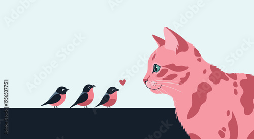 Curious pink spotted cat watching three small birds lined up on a dark surface in a charming and whimsical animal illustration.