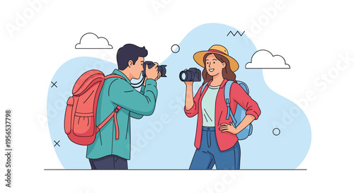 Two tourists with backpacks holding cameras and taking pictures of each other while traveling against a light blue sky with clouds.