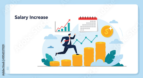 Conceptual illustration of a businessman running up a bar chart of coins toward a goal to represent a significant salary increase.