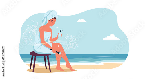 Woman sitting on a stool at the beach and applying body lotion to her legs for skin care and sun protection during a summer holiday.