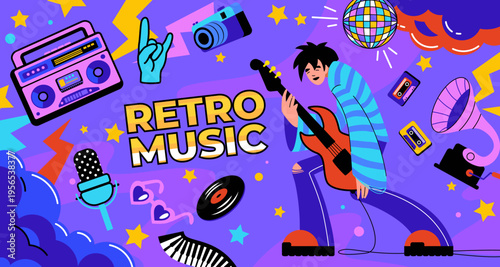 Music stickers. Retro concert characters. Graphic rock party record or vintage groovy fest. Y2K boombox and gramophone. Funky discotheque. Rocker with guitar. Hippy disco vector banner