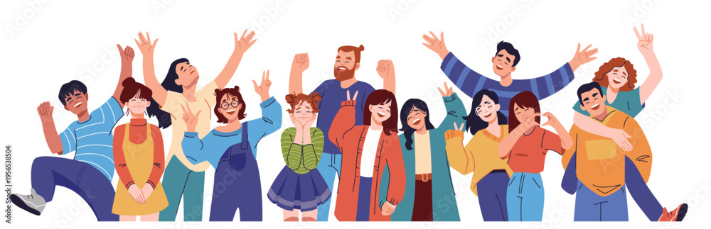 Obraz premium People group. Happy diverse team, friend or teamwork community. Different staff teamwork, human crowd. Joyful men and woman. Happy characters. Vector cartoon portrait isolated illustration