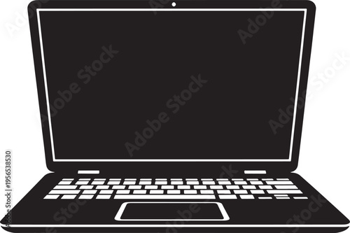 A minimalist black and white icon illustration of a modern laptop computer with a blank screen Vector, illustration
