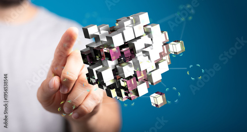 Hand touching 3D digital abstract technology and network concept. Innovation, digital transformation, futuristic design.