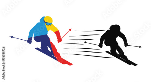 Two skiers in motion one brightly colored and one dark silhouette