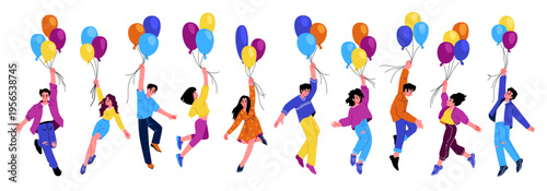Person hold balloon. Happy fly up freedom woman, adult man in dream. Celebration birthday party. Characters in dynamic poses jumping with helium bubbles. Vector cartoon flat isolated set