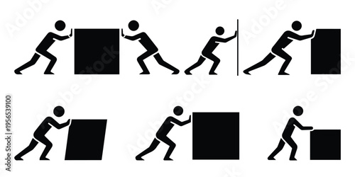 Stick figure businessman pushing heavy box set, concept of hard work, moving forward, challenge, and progress. Silhouette icons of people pushing wall and cube.
