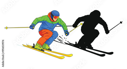 Skier in action with a contrasting black figure a striking silhouette