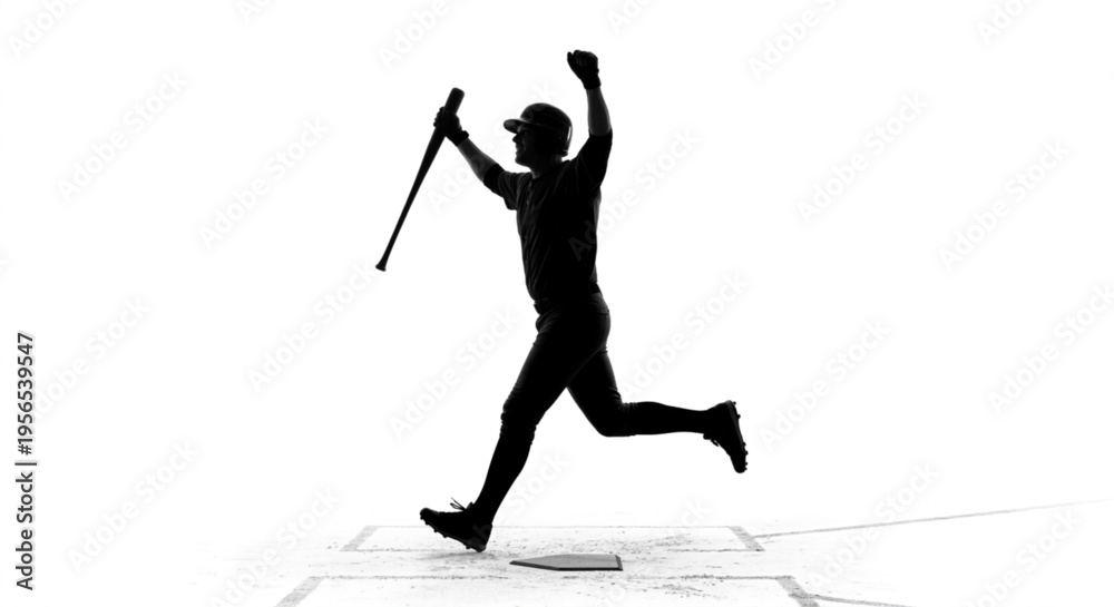 Fototapeta premium Silhouette of a Baseball Player Celebrating a Home Run on White Background 