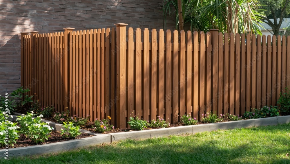 Fototapeta premium Yard features a wooden panel and brick wall fence. Brown picket fence and light wall outdoors. Durable wood stain finish. Featheredge fence with concrete.
