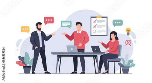 Business people discussing ideas at a meeting table with laptops.