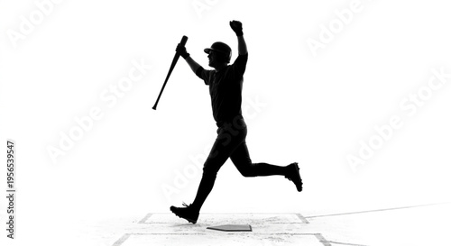 Silhouette of a Baseball Player Celebrating a Home Run on White Background
