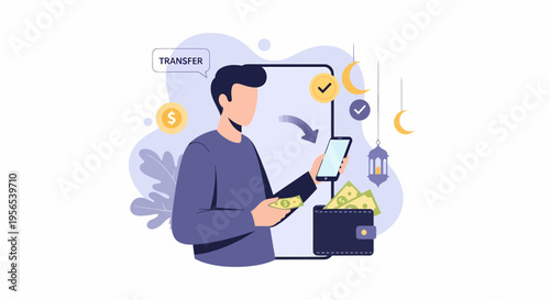 A man engaged in a digital money transfer using modern technology.