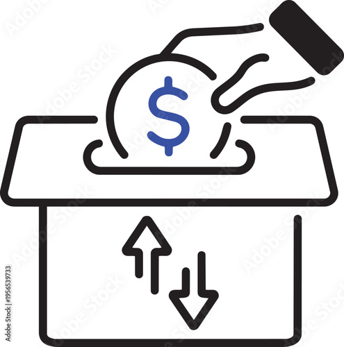 Contribution in Progress: A simple line art illustration shows a hand depositing a coin into a donation box, with the universal symbols of giving.