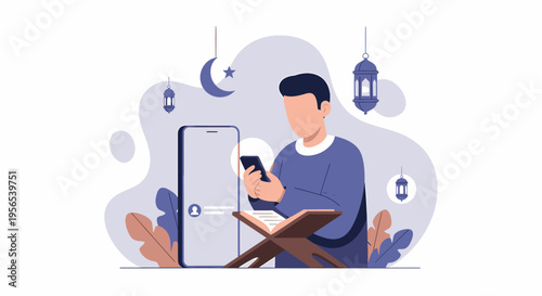 A man using a smartphone and reading the Quran, an illustration for Islamic themes.