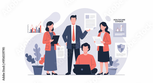 A team of business professionals collaborating on a project in a corporate setting.