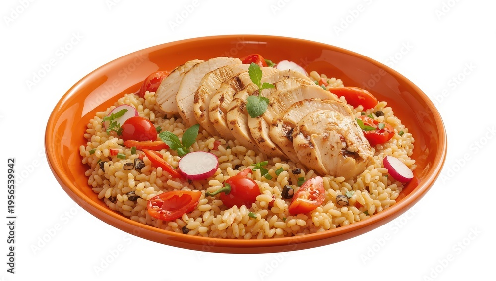 Fototapeta premium Round dish with orange rim featuring risotto, grilled chicken, and red vegetables, set against a white background.