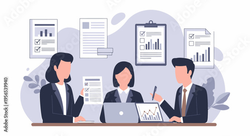 Business people analyzing financial data and reports in a meeting discussing strategy.