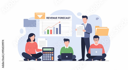 Business people analyzing revenue forecast data for financial planning and growth strategy.