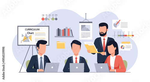 Business people attending a meeting or presentation in an office setting.