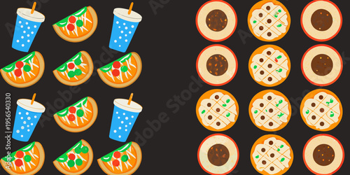 Colorful cartoon illustration of pizza slices and blue drinks on black