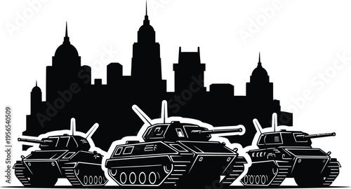 Tanks in front of a city skyline