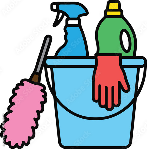 Cleaning Supplies Set with Blue Bucket, Spray Bottles, Red Rubber Glove and Pink Feather Duster, colorful flat design vector illustration
