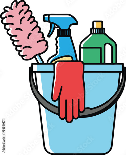 Cleaning Bucket with Pink Feather Duster, Blue Spray Bottle, Green Detergent and Red Protective Glove, bright cartoon style vector illustration
