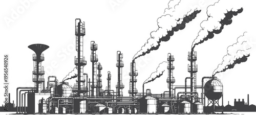 Industrial Factories Silhouette Background – Oil Refinery Complex with Pipes and Storage Tanks, Gas Production Black Line Art Vector