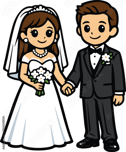 Bride and Groom Wedding Couple Holding Hands with Bouquet and Boutonniere, cute cartoon character style vector illustration
