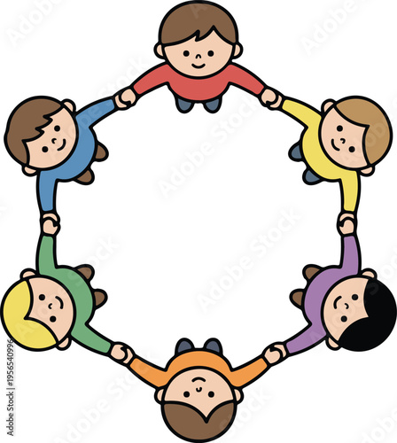 Children Holding Hands in Circle Formation, colorful friendship unity cartoon style vector illustration

