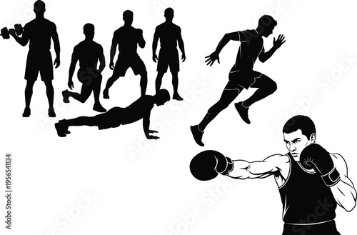 Fitness and exercise silhouettes with dumbbells and bodyweight training