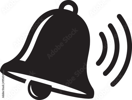 A black and white graphic illustration of a ringing bell icon used for notifications and alerts Vector, illustration