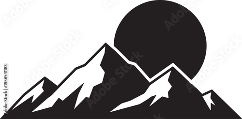 A minimalist black and white graphic illustration featuring rugged mountain peaks with a large sun Vector, illustration