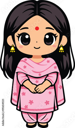 Indian Girl in Pink Traditional Salwar Kameez with Bindi and Earrings, cute kawaii chibi style vector illustration
