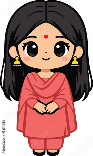 Indian Girl in Coral Traditional Salwar Kameez with Bindi and Jhumka Earrings, cute chibi character style vector illustration
