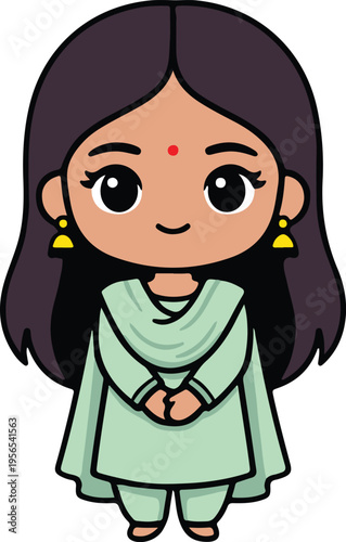 Indian Girl in Mint Green Traditional Salwar Kameez with Bindi and Earrings, cute chibi character style vector illustration

