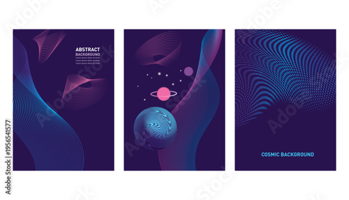 Set of Abstract space backgrounds, outer space, cosmic illustrations, vertical banners  with planets and geometric shapes