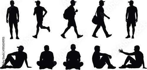 Black silhouette collection of men running, walking with bags, standing, and sitting in casual poses isolated on white background for design.