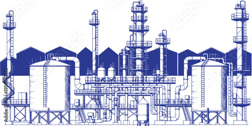 Industrial Factories Silhouette Background – Oil Refinery Complex with Pipes and Storage Tanks, Gas Production Black Line Art Vector