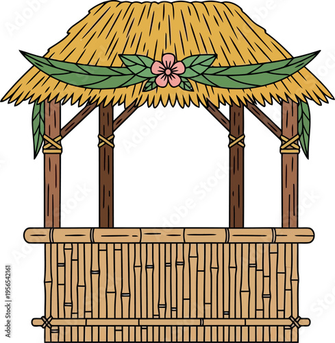 Tropical bamboo tiki hut with thatched roof and floral decoration, vector illustration for summer events