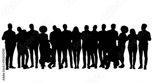 Silhouette of a diverse group of people standing together isolated on transparent background