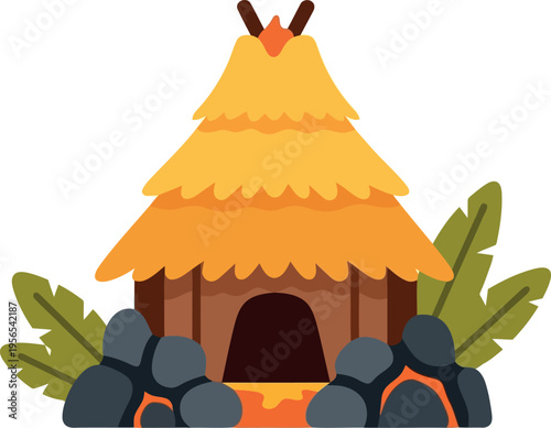 Cartoon tropical hut with thatched roof, stones, and green leaves isolated on white background