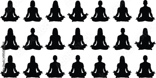 Black silhouette collection of people sitting in lotus position for yoga, meditation, and mindfulness exercises, isolated on white background, design.