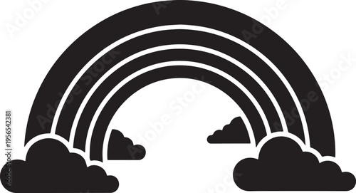 A minimalist black and white graphic icon representing a simple rainbow arched over fluffy clouds Vector, illustration