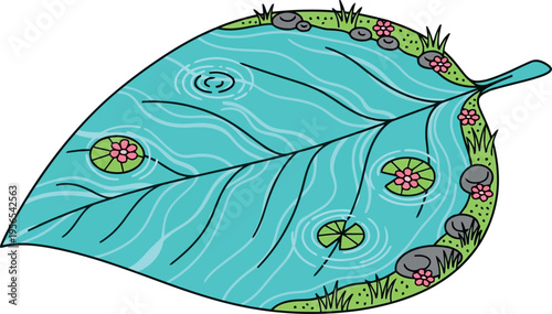 Vector Illustration of Leaf Shaped Pond with Water Lilies, Flowers, and Stones in Cartoon Style