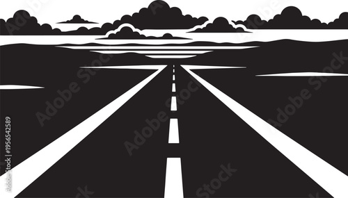 A minimalist black and white illustration of an empty highway stretching toward the horizon line Vector, illustration