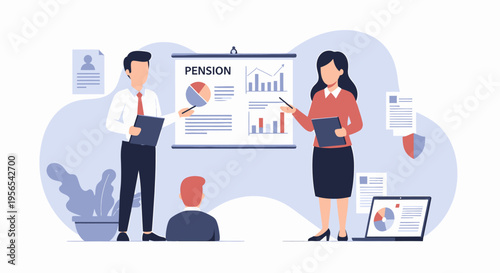Business professionals presenting pension plan data to a colleague.